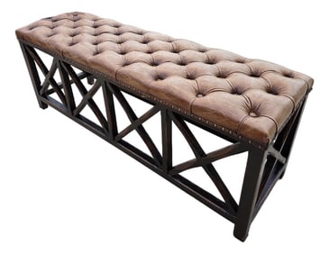 Tufted Worn Leather Long Bench With Rustic Dark Wood Base