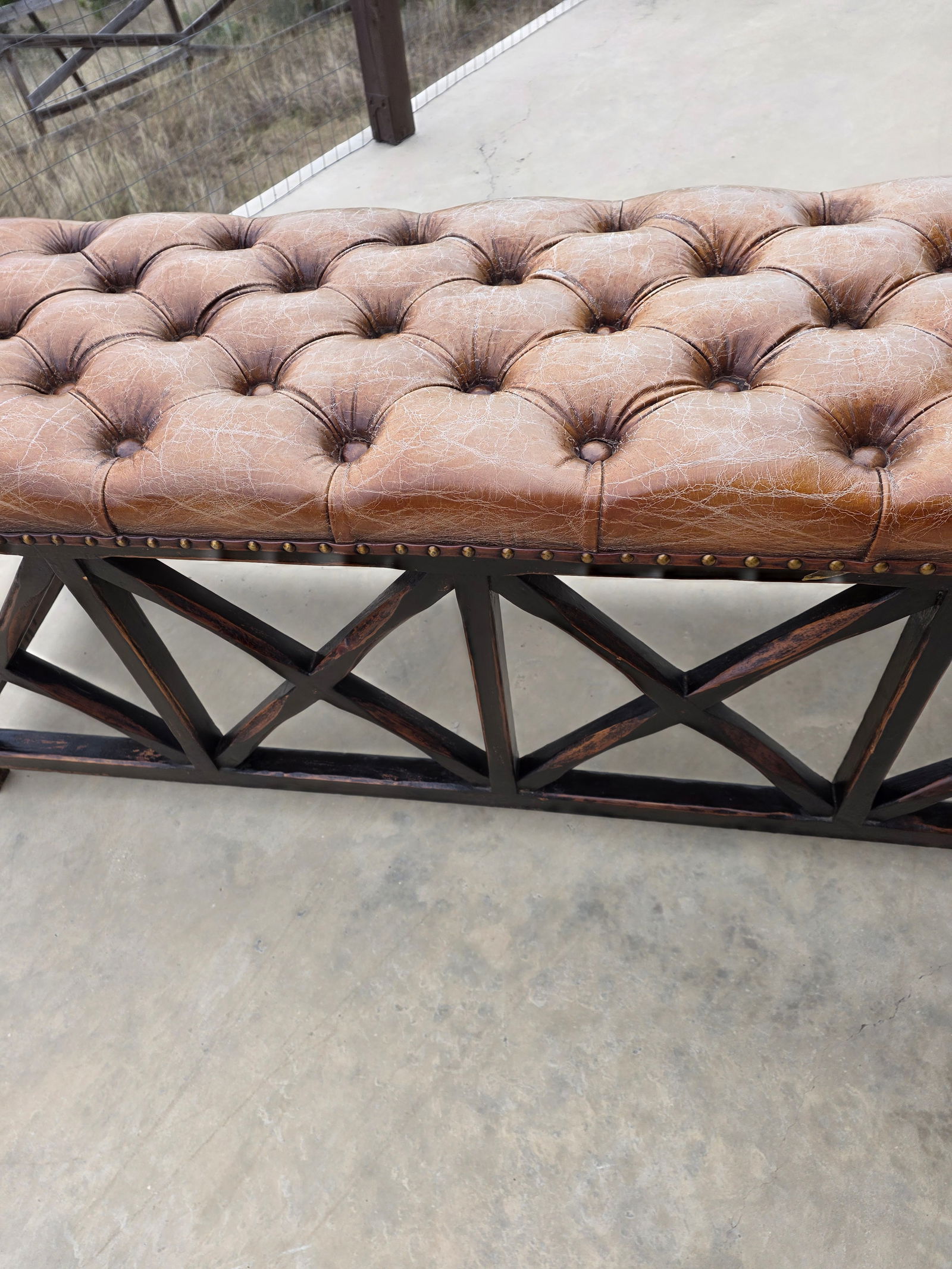 Tufted Worn Leather Long Bench With Rustic Dark Wood Base - 2