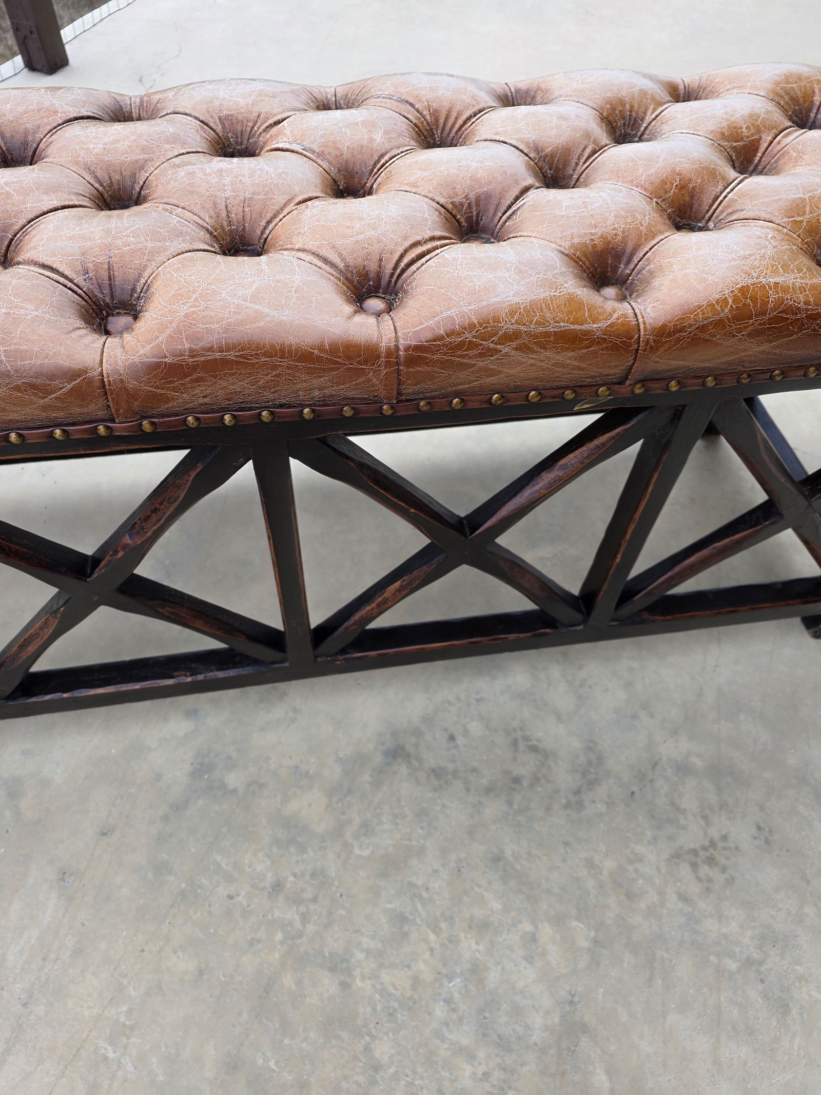 Tufted Worn Leather Long Bench With Rustic Dark Wood Base - 3