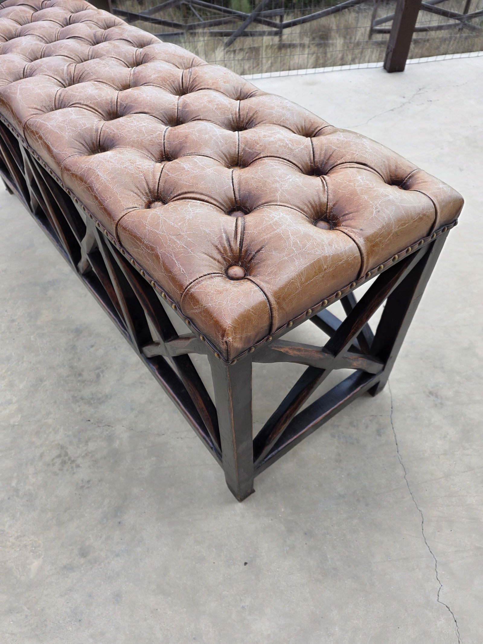 Tufted Worn Leather Long Bench With Rustic Dark Wood Base - 4
