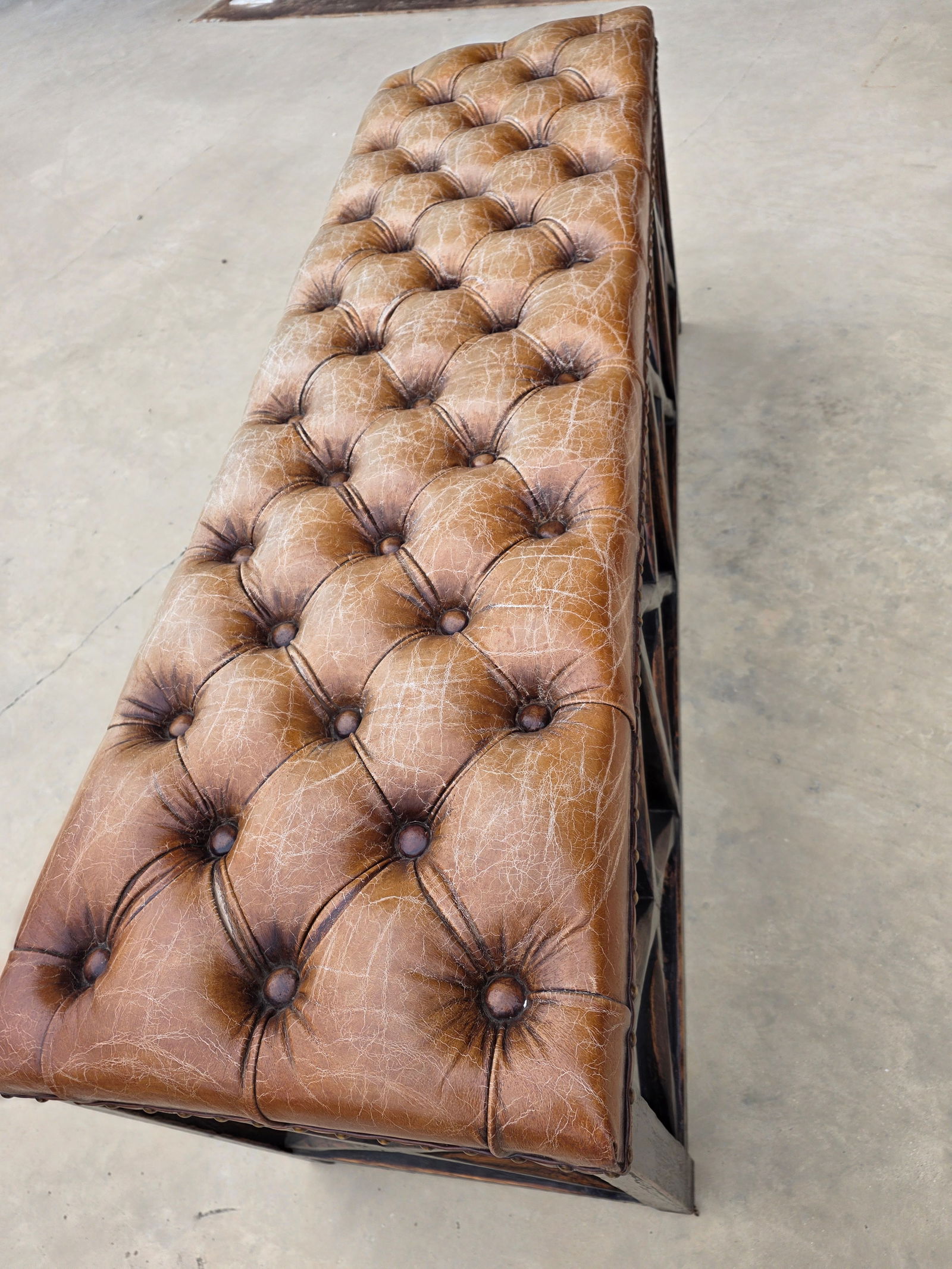 Tufted Worn Leather Long Bench With Rustic Dark Wood Base - 5