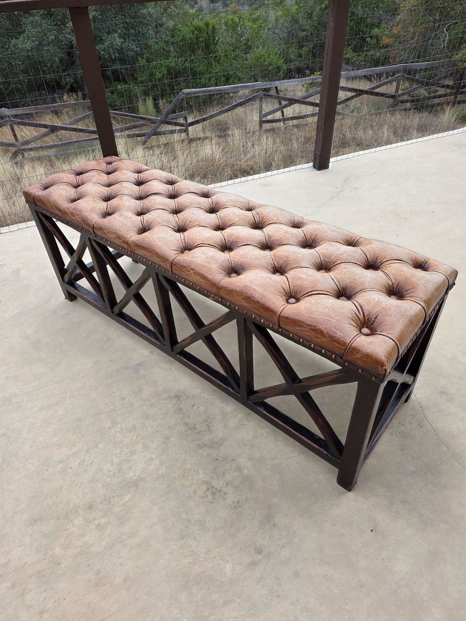 Tufted Worn Leather Long Bench With Rustic Dark Wood Base - 7