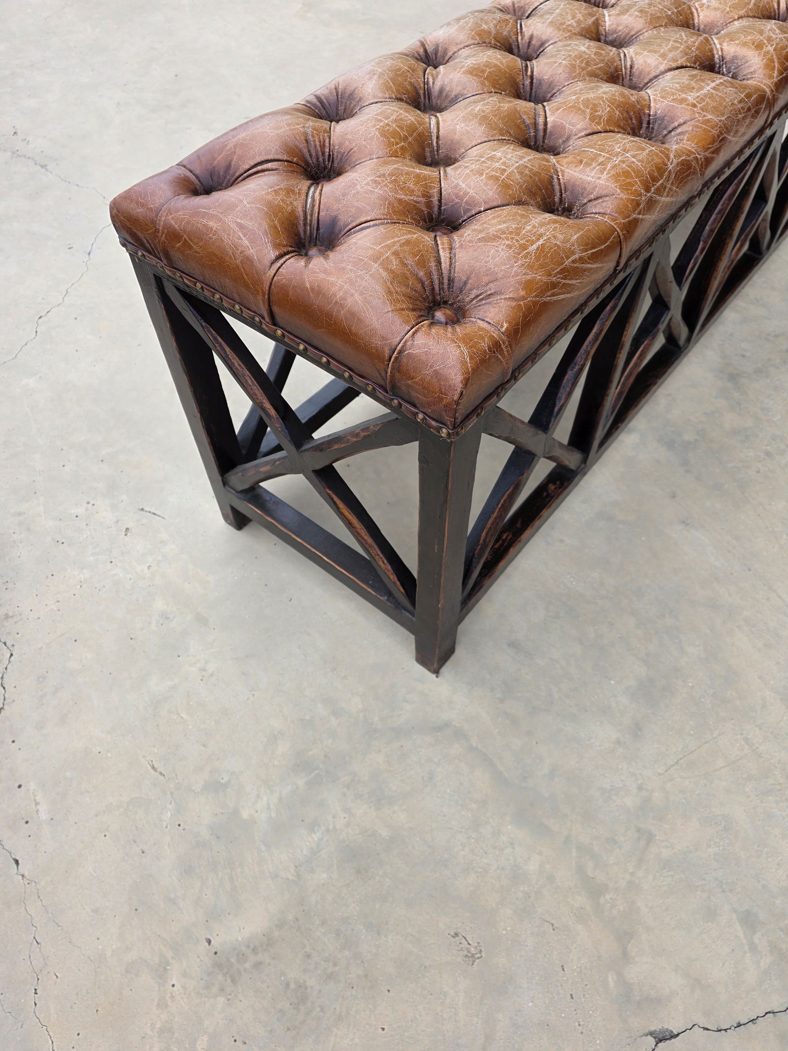 Tufted Worn Leather Long Bench With Rustic Dark Wood Base - 8