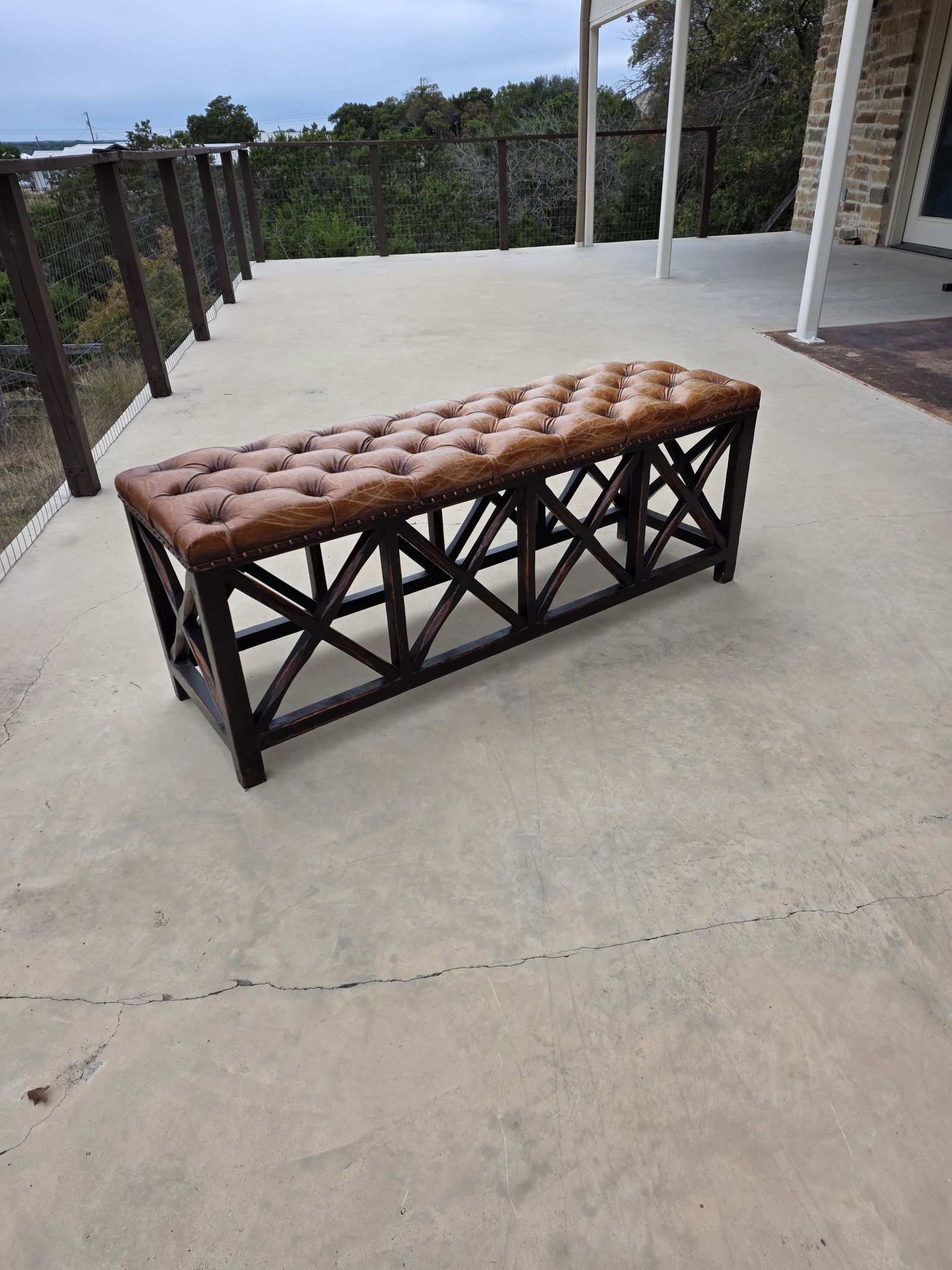 Tufted Worn Leather Long Bench With Rustic Dark Wood Base - 9