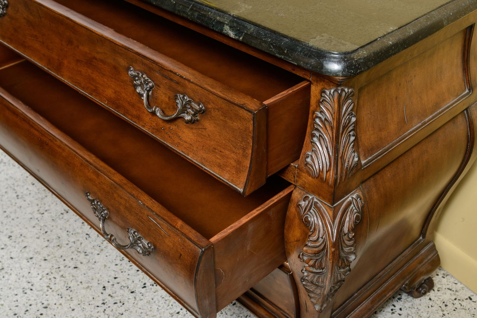 1990s Simulated Black Marble Top Chests-Three Drawer Bombe Style-Pair - 10