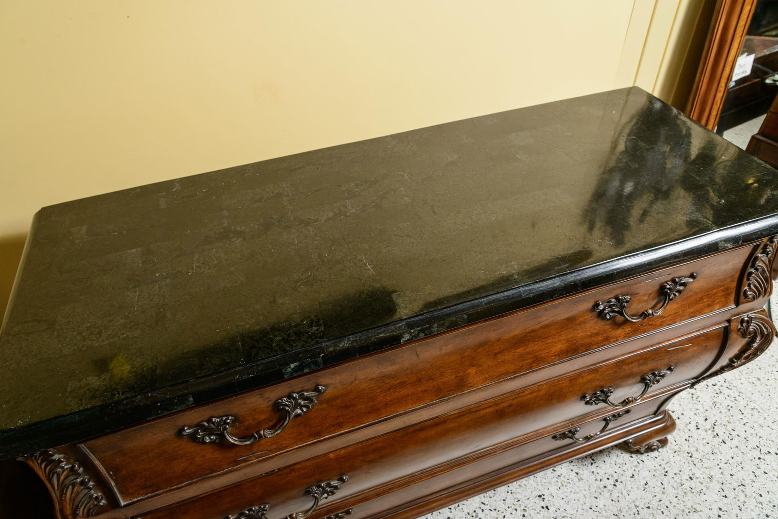 1990s Simulated Black Marble Top Chests-Three Drawer Bombe Style-Pair - 11