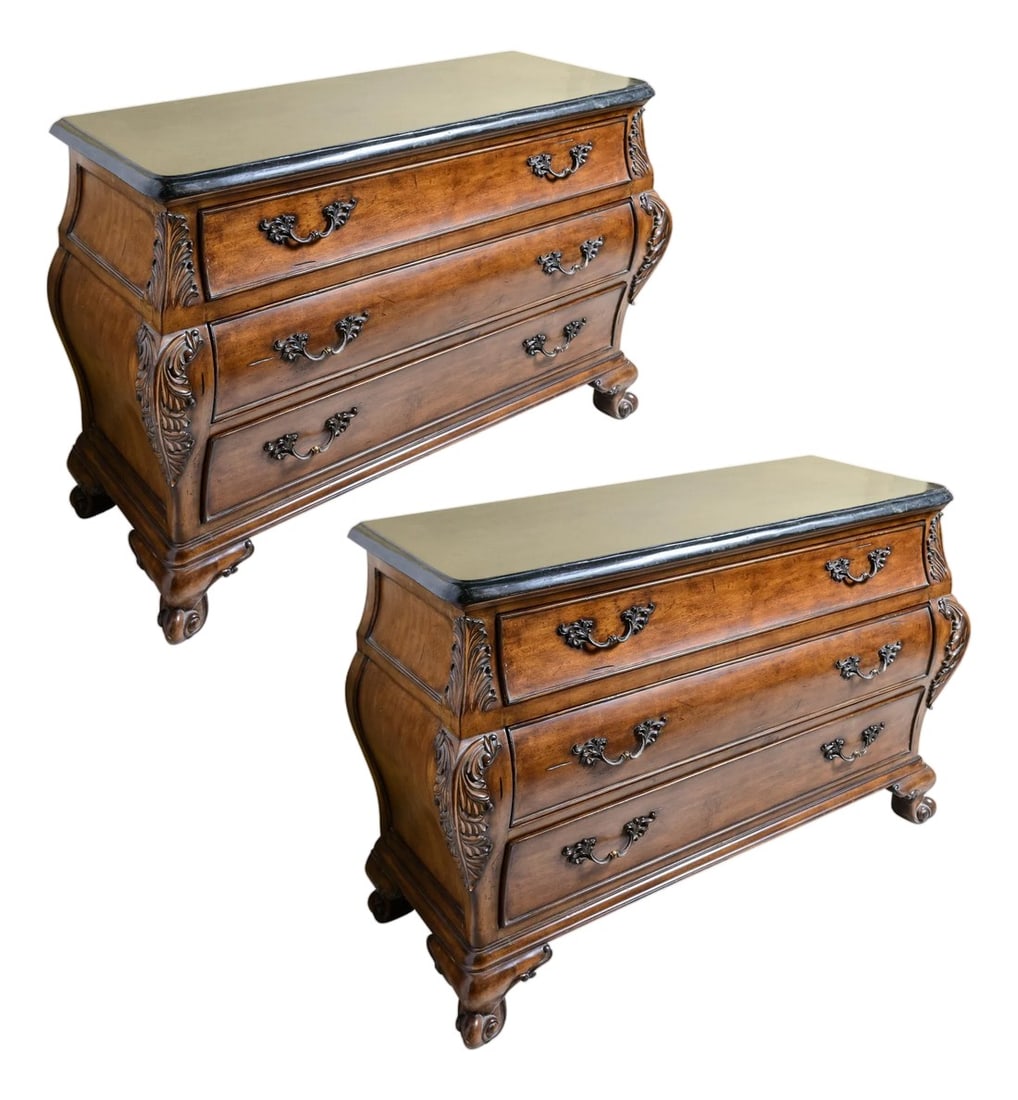 1990s Simulated Black Marble Top Chests-Three Drawer Bombe Style-Pair (1 of 11)