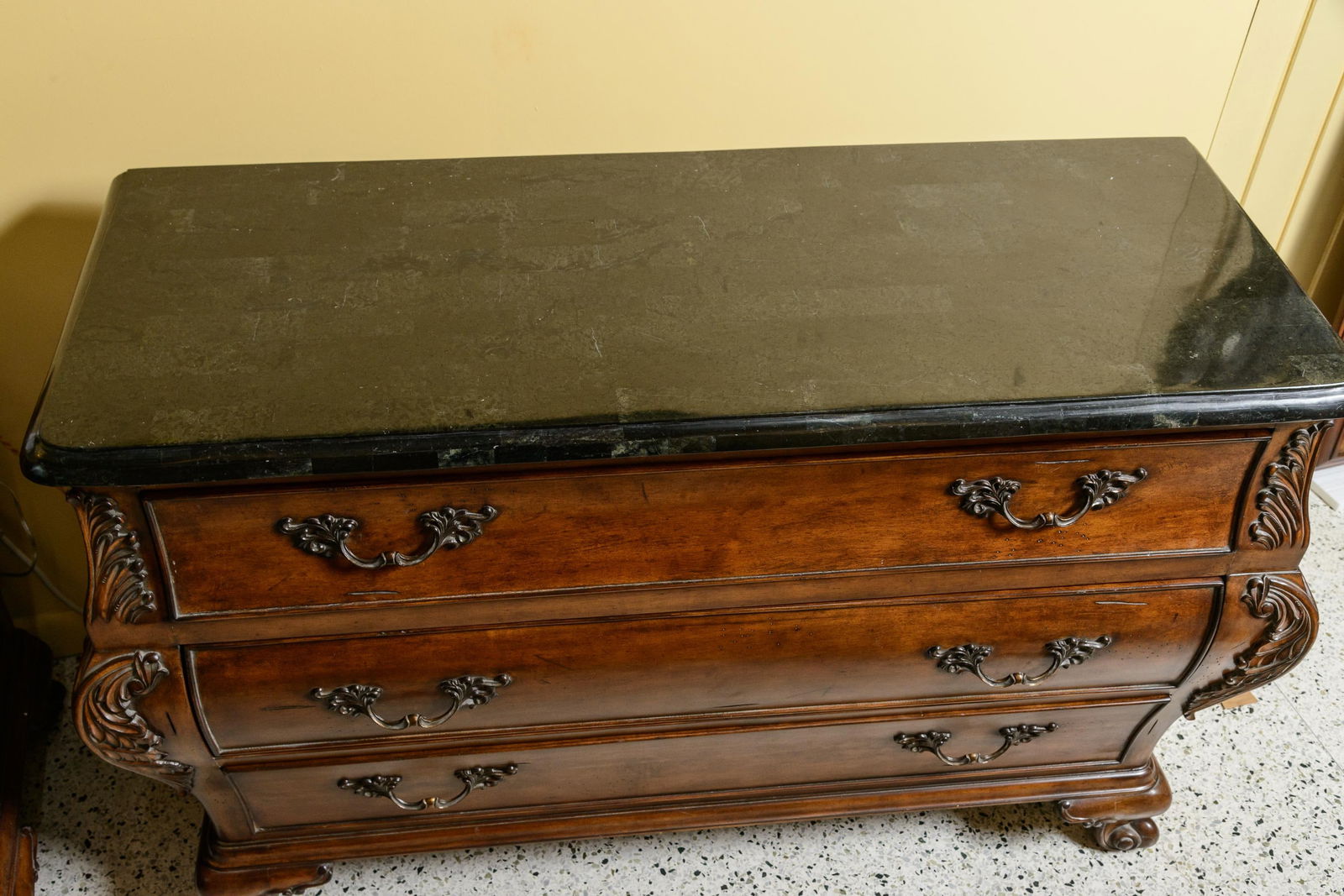 1990s Simulated Black Marble Top Chests-Three Drawer Bombe Style-Pair - 3