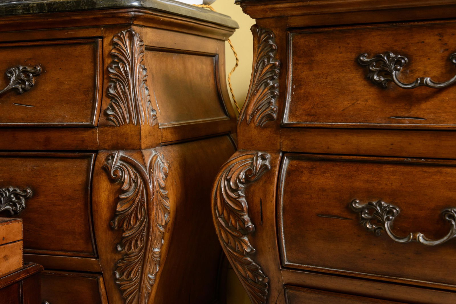 1990s Simulated Black Marble Top Chests-Three Drawer Bombe Style-Pair - 4