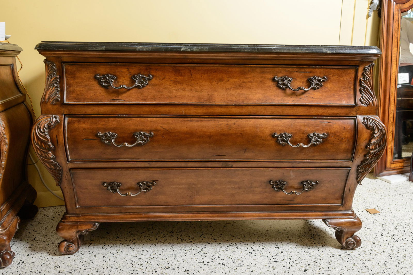 1990s Simulated Black Marble Top Chests-Three Drawer Bombe Style-Pair - 5