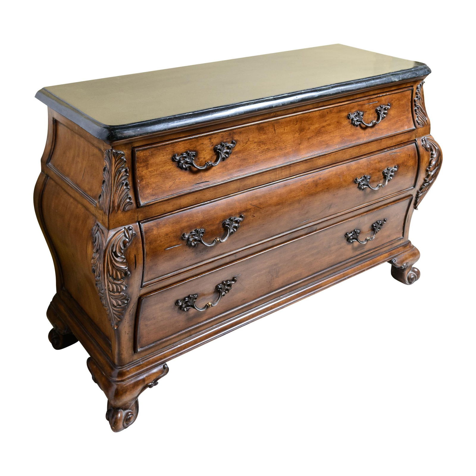 1990s Simulated Black Marble Top Chests-Three Drawer Bombe Style-Pair - 8