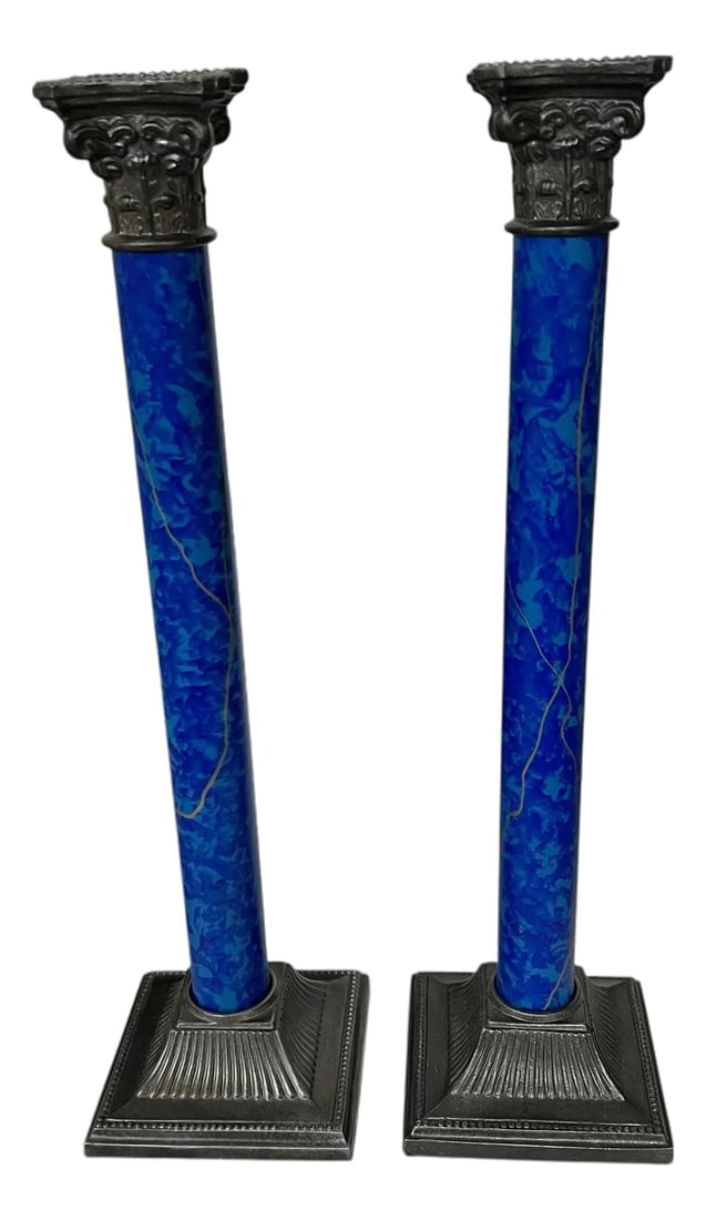 Vintage Corinthian Column Faux Marble Candlesticks Marked Peter Choses. - A Pair: Vintage Corinthian column candlesticks with faux marble center. Each measures 3.25" square base x 12.5" h. Holds regular taper candle. Marked Peter Choses, USA Condition: Alterations: Original