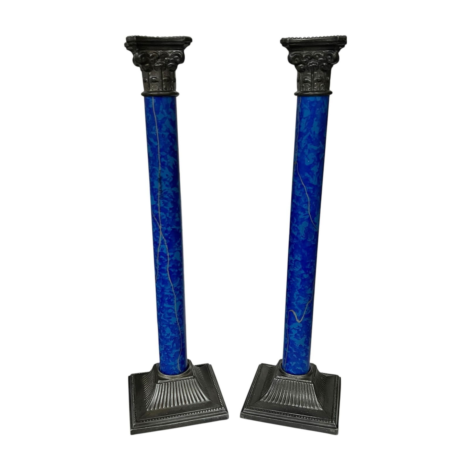 Vintage Corinthian Column Faux Marble Candlesticks Marked Peter Choses. - A Pair - 2