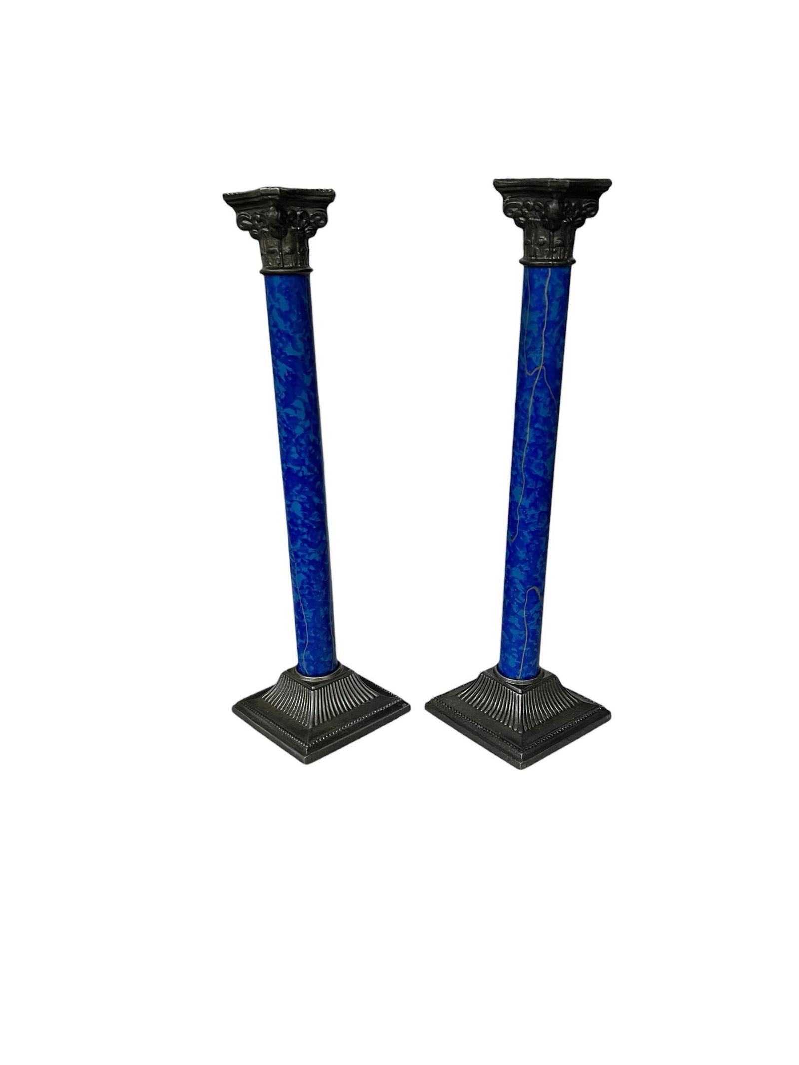 Vintage Corinthian Column Faux Marble Candlesticks Marked Peter Choses. - A Pair - 3