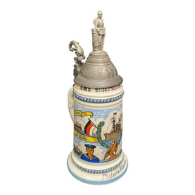 Vintage Naval Commemorative Beer Stein With Elaborate Pewter Lid.