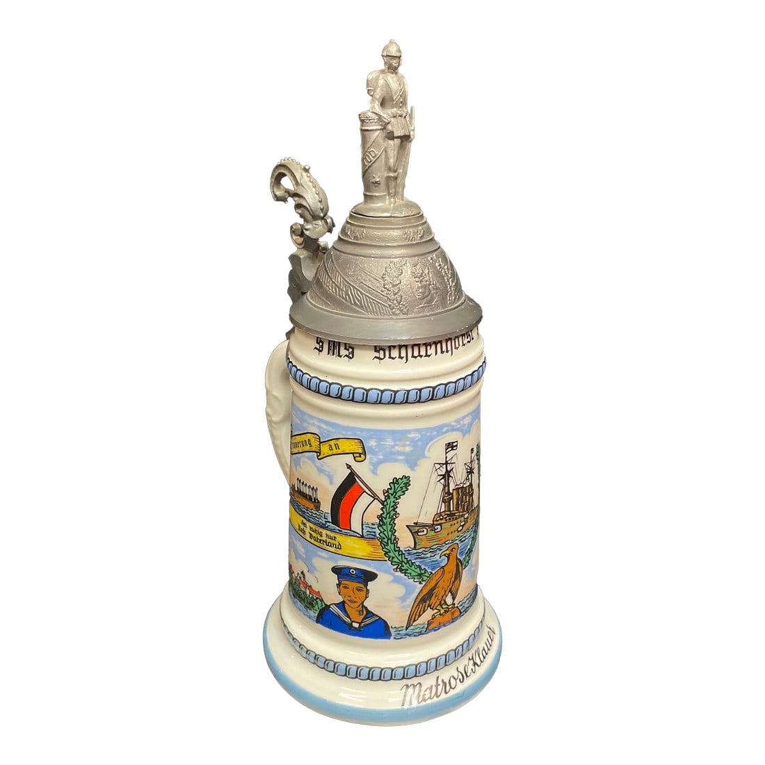 Vintage Naval Commemorative Beer Stein With Elaborate Pewter Lid.: Found at the upscale St. Louis estate of a fanatical collector of all things German. This was one of more than a hundred quality steins for sale. Condition: Alterations: Original Condition