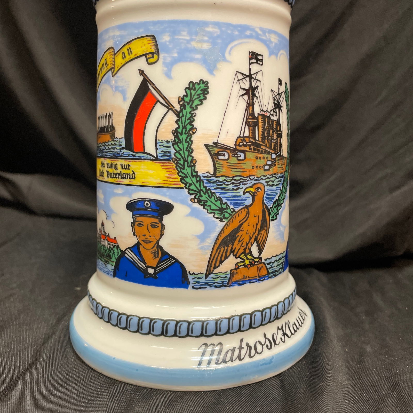 Vintage Naval Commemorative Beer Stein With Elaborate Pewter Lid. - 2