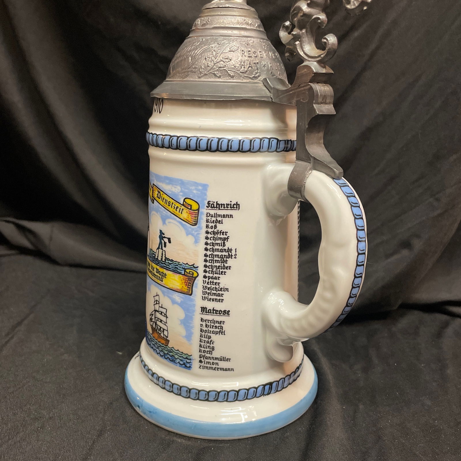 Vintage Naval Commemorative Beer Stein With Elaborate Pewter Lid. - 4