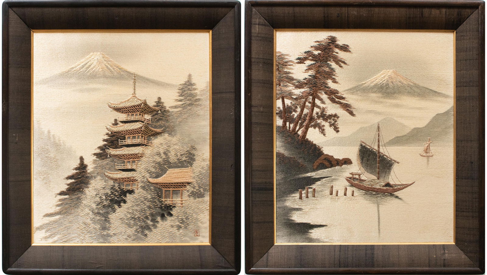 C. 1940s Showa Era Japanese Embroidery Framed Art, a Pair - 18