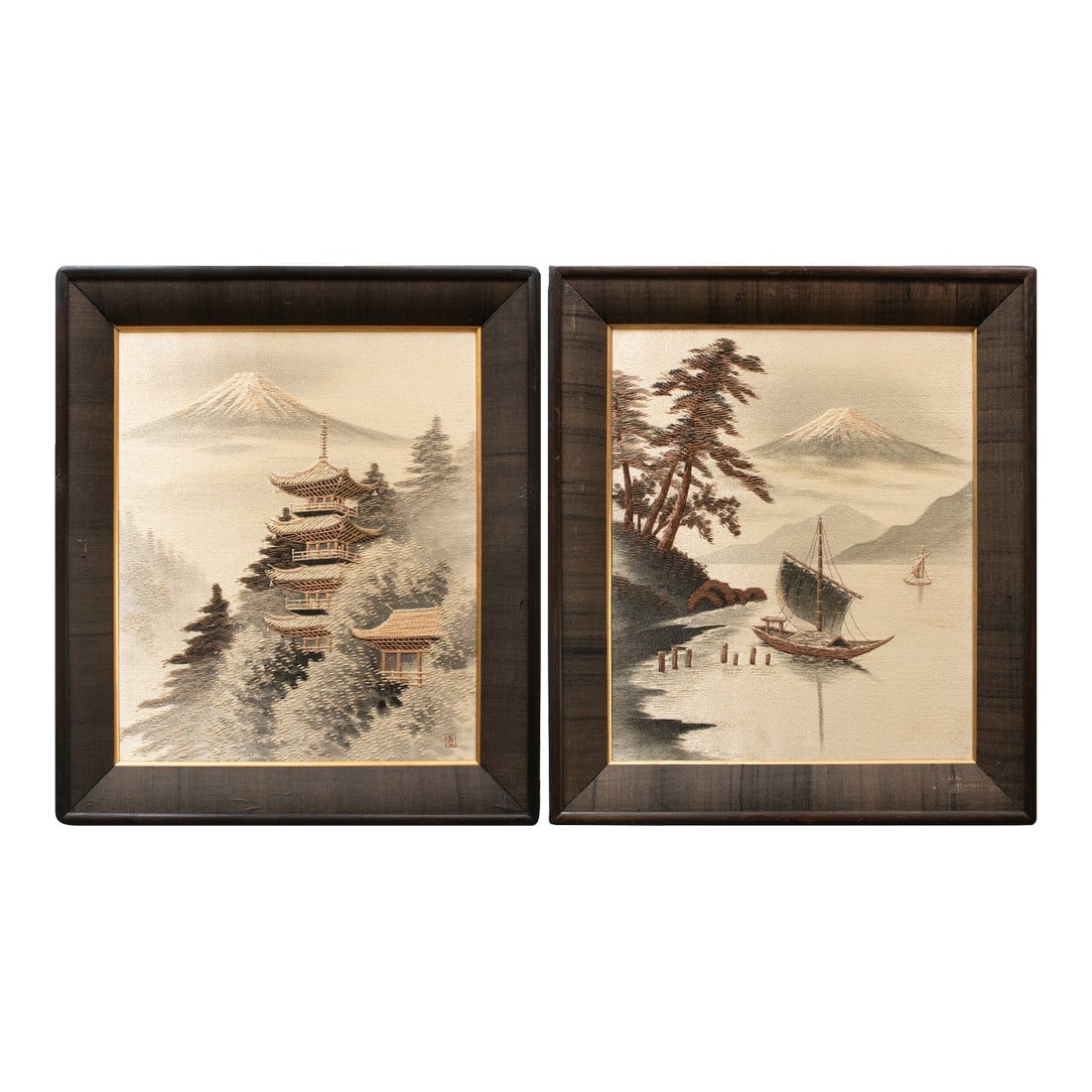 C. 1940s Showa Era Japanese Embroidery Framed Art, a Pair: An exceptional pair of vintage Japanese silk embroidery art, depicting two lovely landscapes with Mount Fuji on the background. Gold color threads as accents. Embroidery signature on one of the