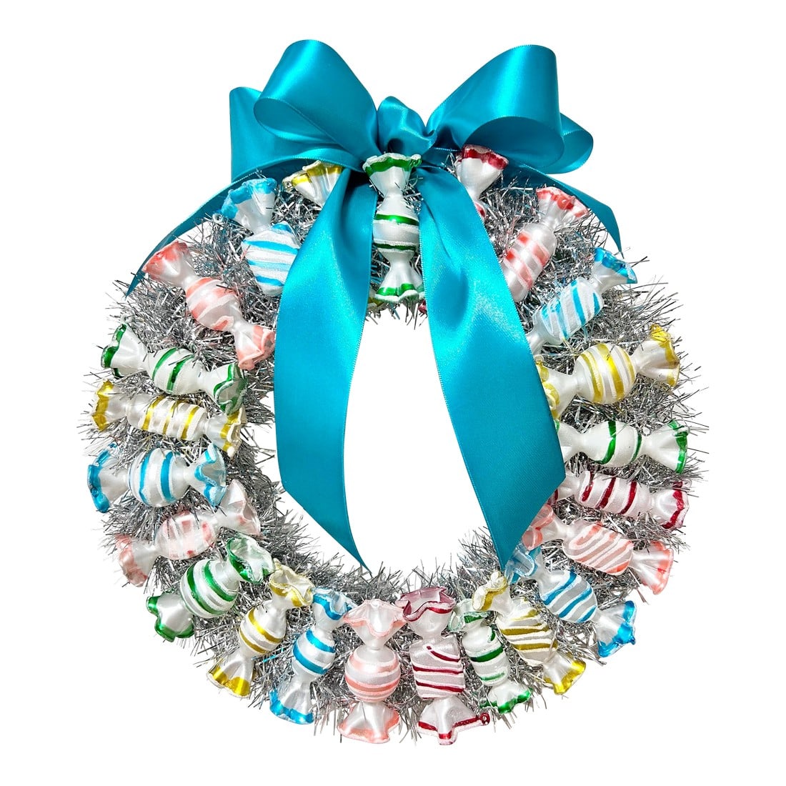 Vintage Christmas Glass Candy Wreath - Hand Blown Glass Ornaments: This is a one-of-a-kind, bright and cheerful Christmas heirloom wreath. It's a newly made piece constructed entirely of bright and cheerful vintage hand blown glass candies. Even the tinsel is