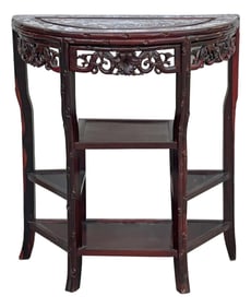 Vintage Reddish Brown Mother of Pearl Inlay Half Round Console Altar Table