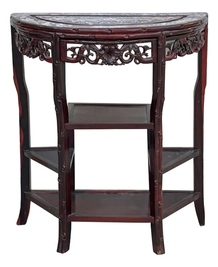 Vintage Reddish Brown Mother of Pearl Inlay Half Round Console Altar Table: This elegant vintage Chinese rosewood display stand, crafted in the late Republic period, embodies the refined artistry of traditional southern Chinese furniture. Its demi-lune top is exquisitely