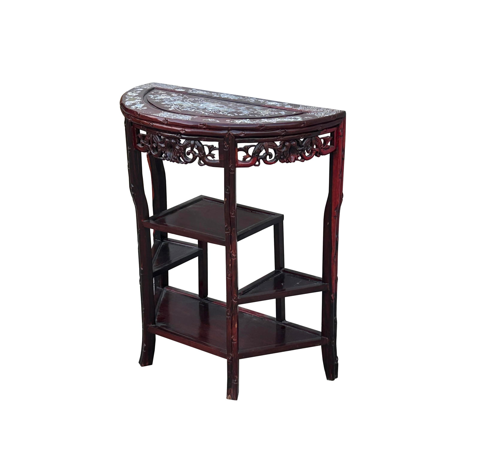 Vintage Reddish Brown Mother of Pearl Inlay Half Round Console Altar Table - 3