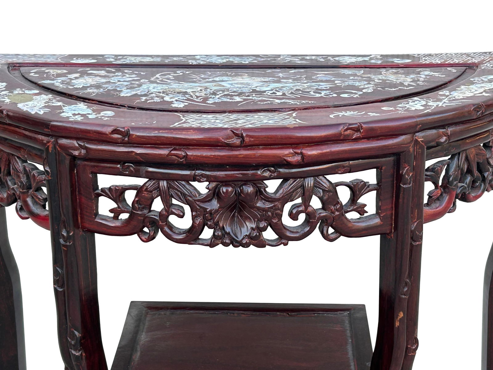 Vintage Reddish Brown Mother of Pearl Inlay Half Round Console Altar Table - 5
