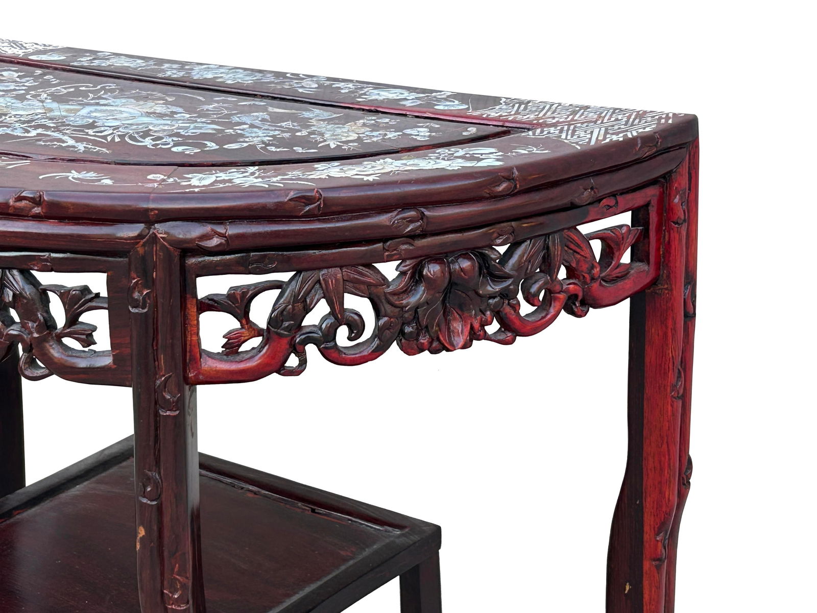 Vintage Reddish Brown Mother of Pearl Inlay Half Round Console Altar Table - 6