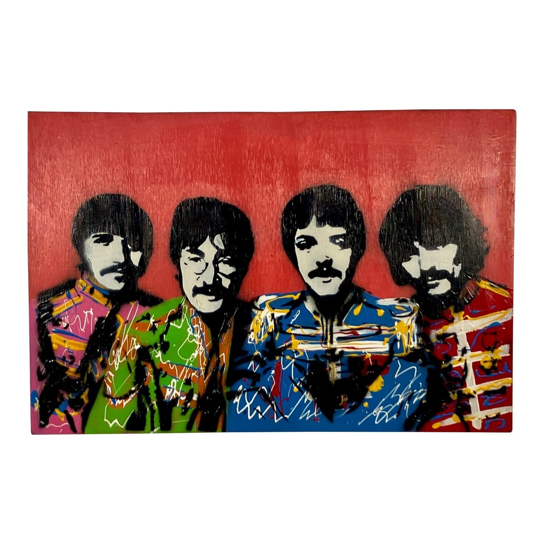 Beatles "Sgt. Pepper" Pop Art Painting on Birch Panel – Contemporary Street Art: This contemporary pop-art painting of The Beatles in their iconic Sgt. Pepper's uniforms makes an unforgettable statement. Created with layered spray-paint stencils, acrylic drips, and expressive