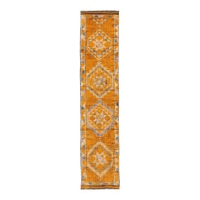 3 X 13 Vintage Hand-Knotted Turkish Orange Wool Runner With Geometric Motifs