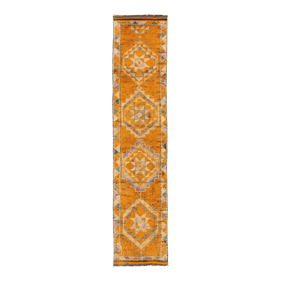 3 X 13 Vintage Hand-Knotted Turkish Orange Wool Runner With Geometric Motifs: Handwoven in Turkey, this vibrant runner showcases three central diamond medallions surrounded by intricate tribal patterns in warm tones of orange, pink, and beige. Crafted from natural wool, its