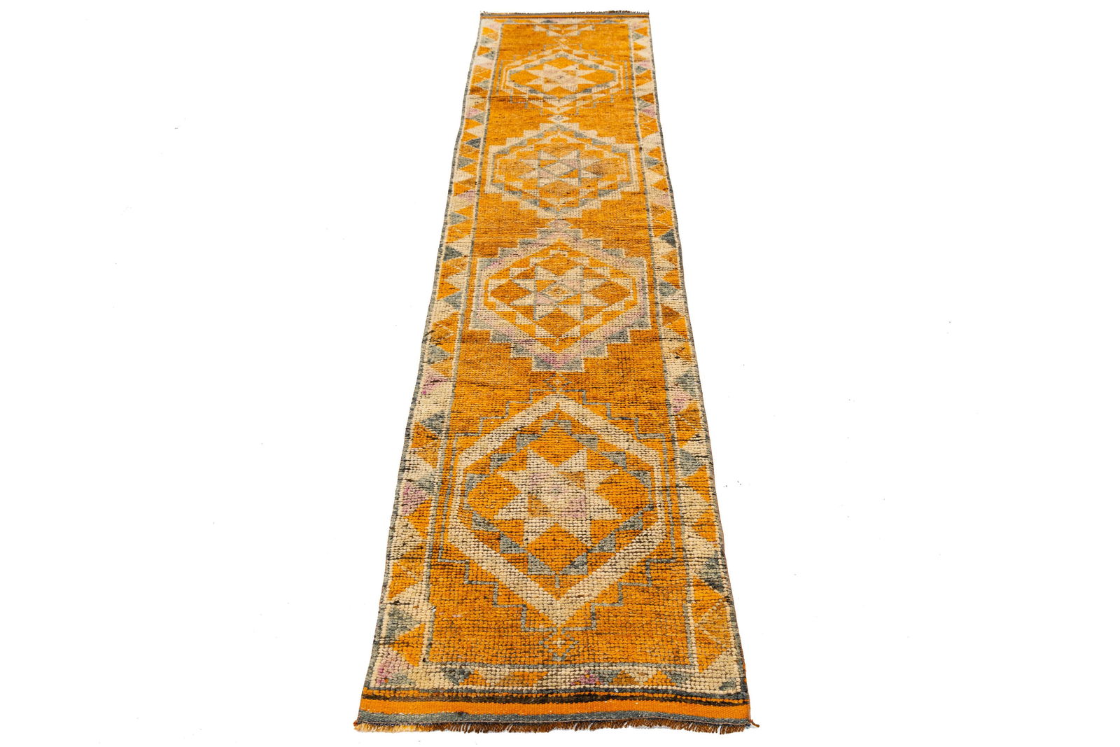 3 X 13 Vintage Hand-Knotted Turkish Orange Wool Runner With Geometric Motifs - 4