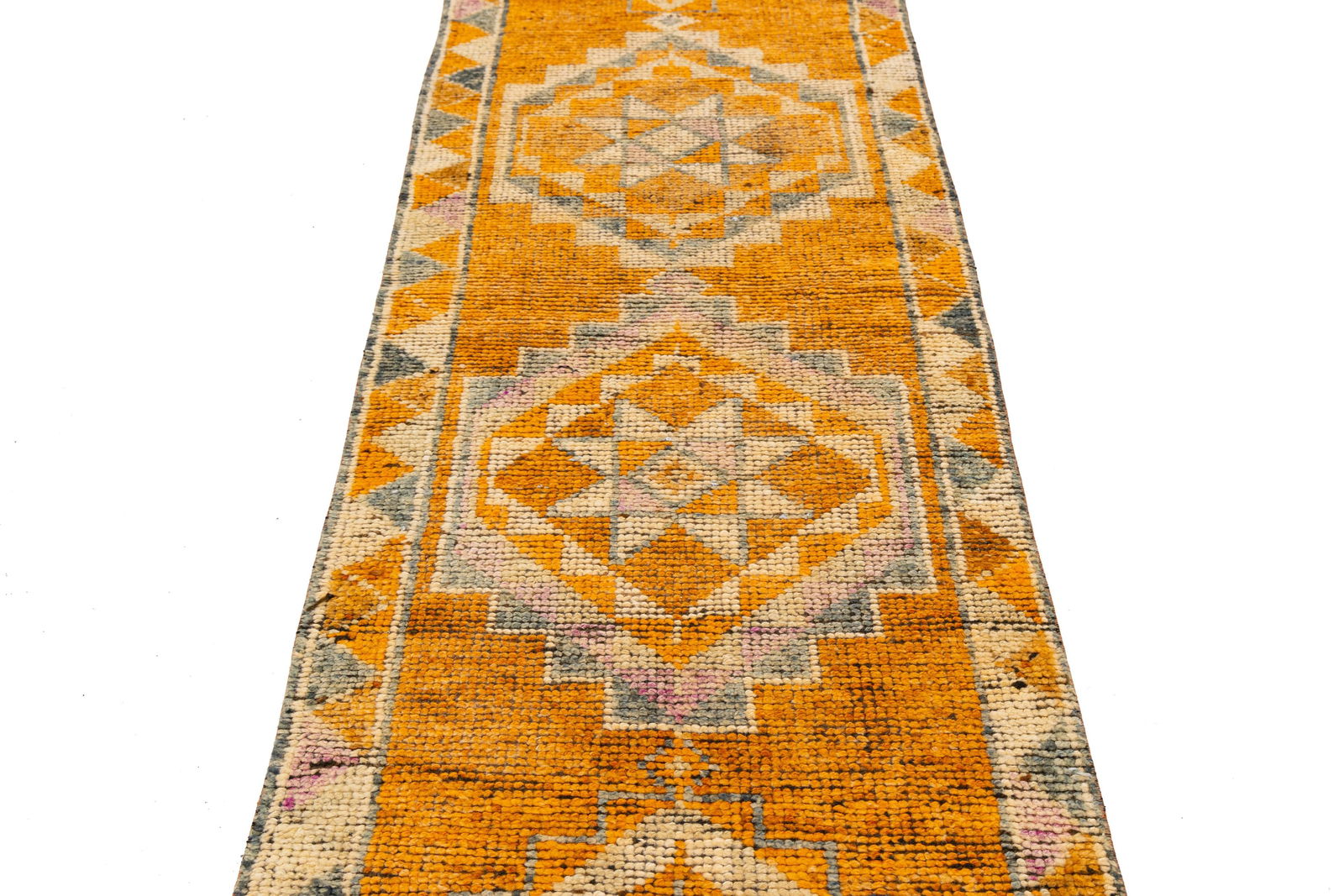 3 X 13 Vintage Hand-Knotted Turkish Orange Wool Runner With Geometric Motifs - 6