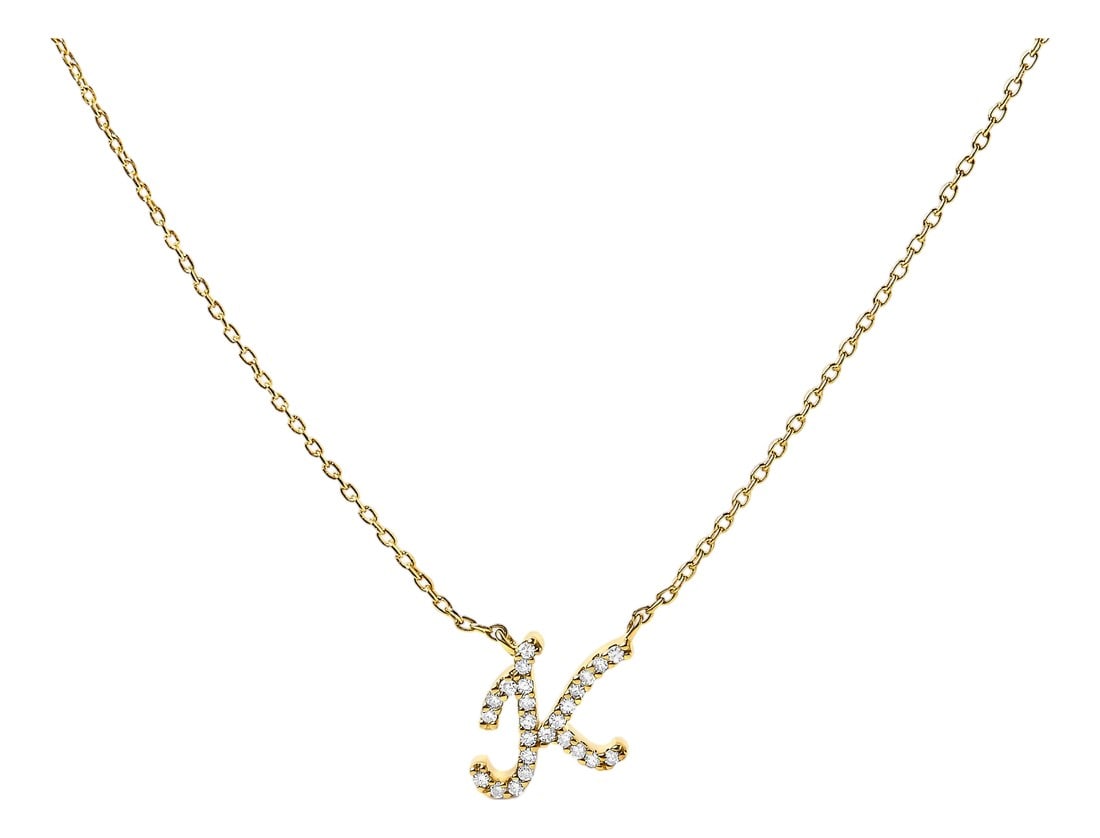 10K Yellow Gold Diamond Accent "K" Initial Script Style Pendant Necklace: Embrace the elegance of personalization with this stunning 10K Yellow gold pendant, delicately crafted into a flowing cursive script of the initial "K". This necklace sparkles with natural diamonds