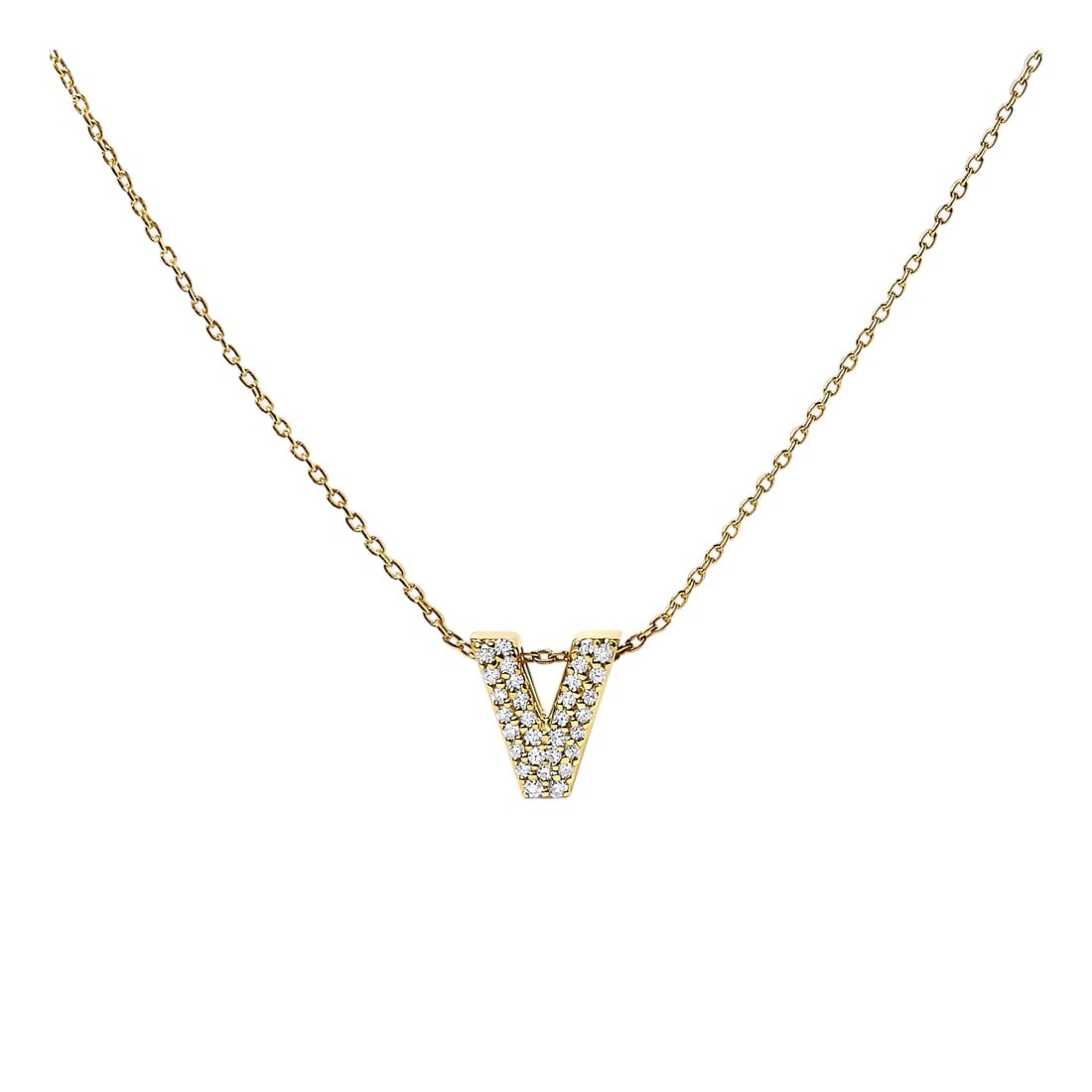 10K Yellow Gold Diamond Accent "V" Initial Bubble Pendant Necklace: Elegance meets personalized charm in this exquisite pendant, meticulously crafted from radiant 10K yellow gold enhances its luminous allure. Designed for the individualist, the puffy bubble letter