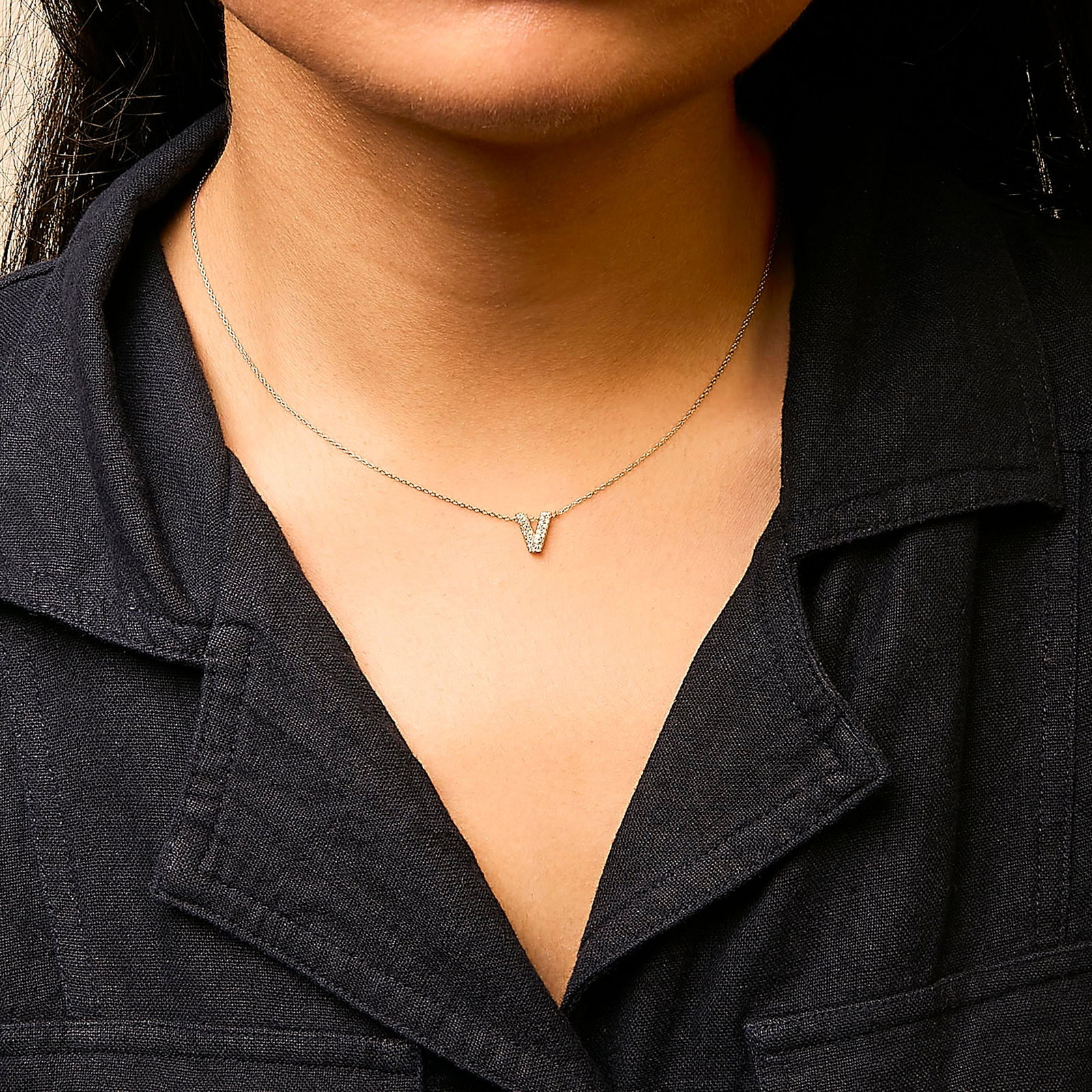 10K Yellow Gold Diamond Accent "V" Initial Bubble Pendant Necklace - 4