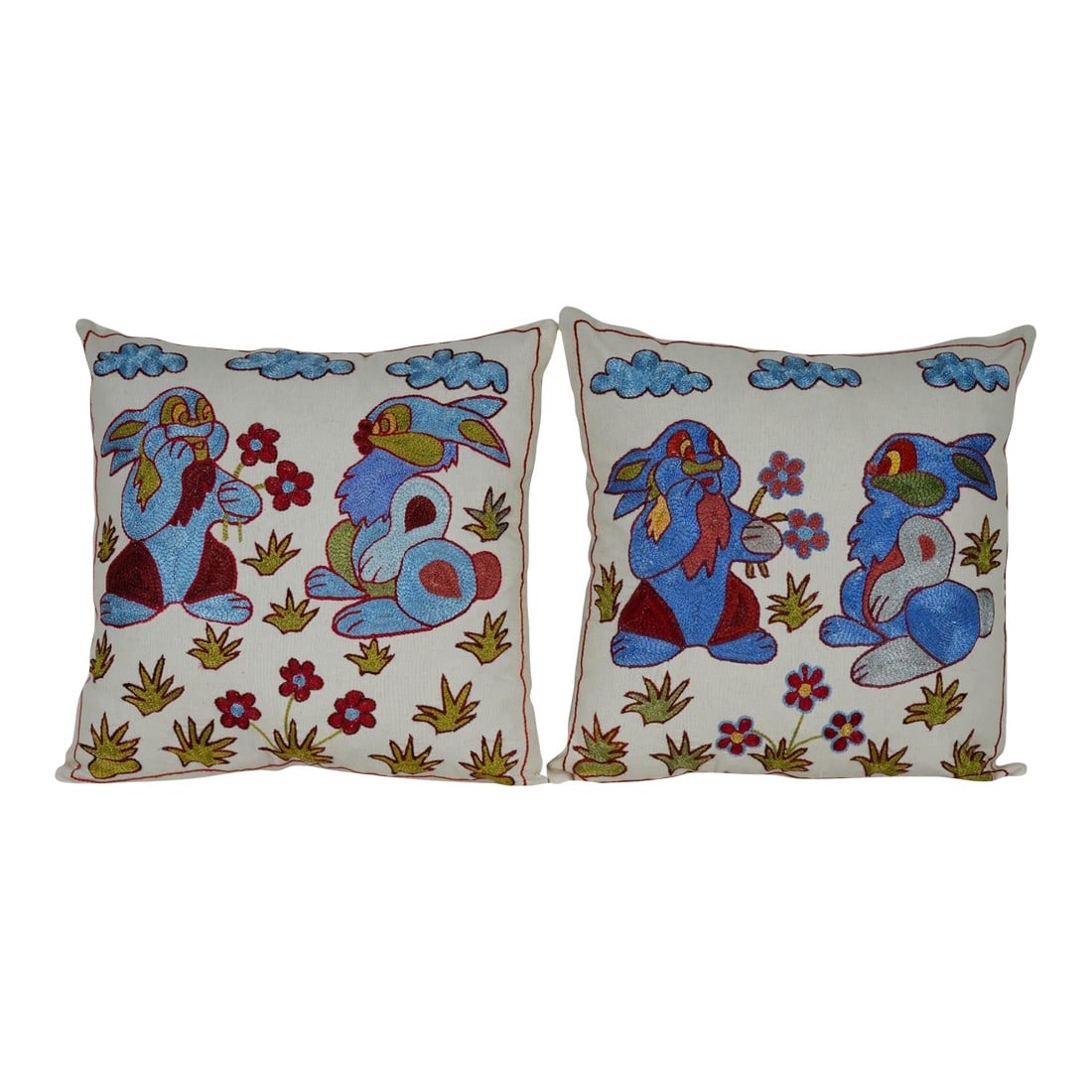 Boho Rabbit Pillow Covers - A Pair: Uzbek Suzani Pillow Cover Elevate your home decor with our Turkish Suzani Pillow Cover, featuring exquisite vintage Uzbek fabric that celebrates the allure of handmade craftsmanship. Each piece is a u