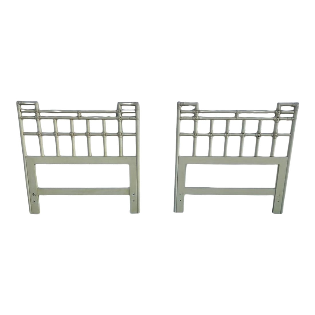 1970s Pair of Twin Faux Bamboo Coastal Headboards Hollywood Regency Palm Beach Style: Charming pair of Vintage twin size faux bamboo headboards featuring classic Hollywood Regency coastal design. Light neutral finish with decorative bamboo style grid tops. Perfect for a beach house