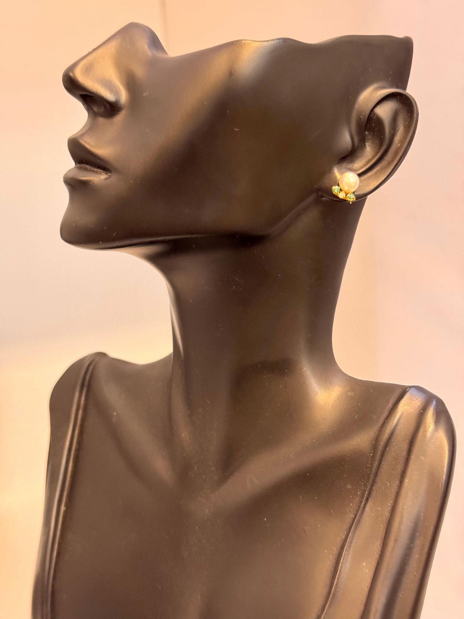 Akoya Pearl Stud Earring with Tiny Diamond & Emerald in 18 Karat Yellow Gold - 3