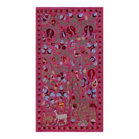 Pink Uzbek Suzani Wall Hanging – Pomegranate Tree & Animal Motif Embroidery 3'5'' X 6'