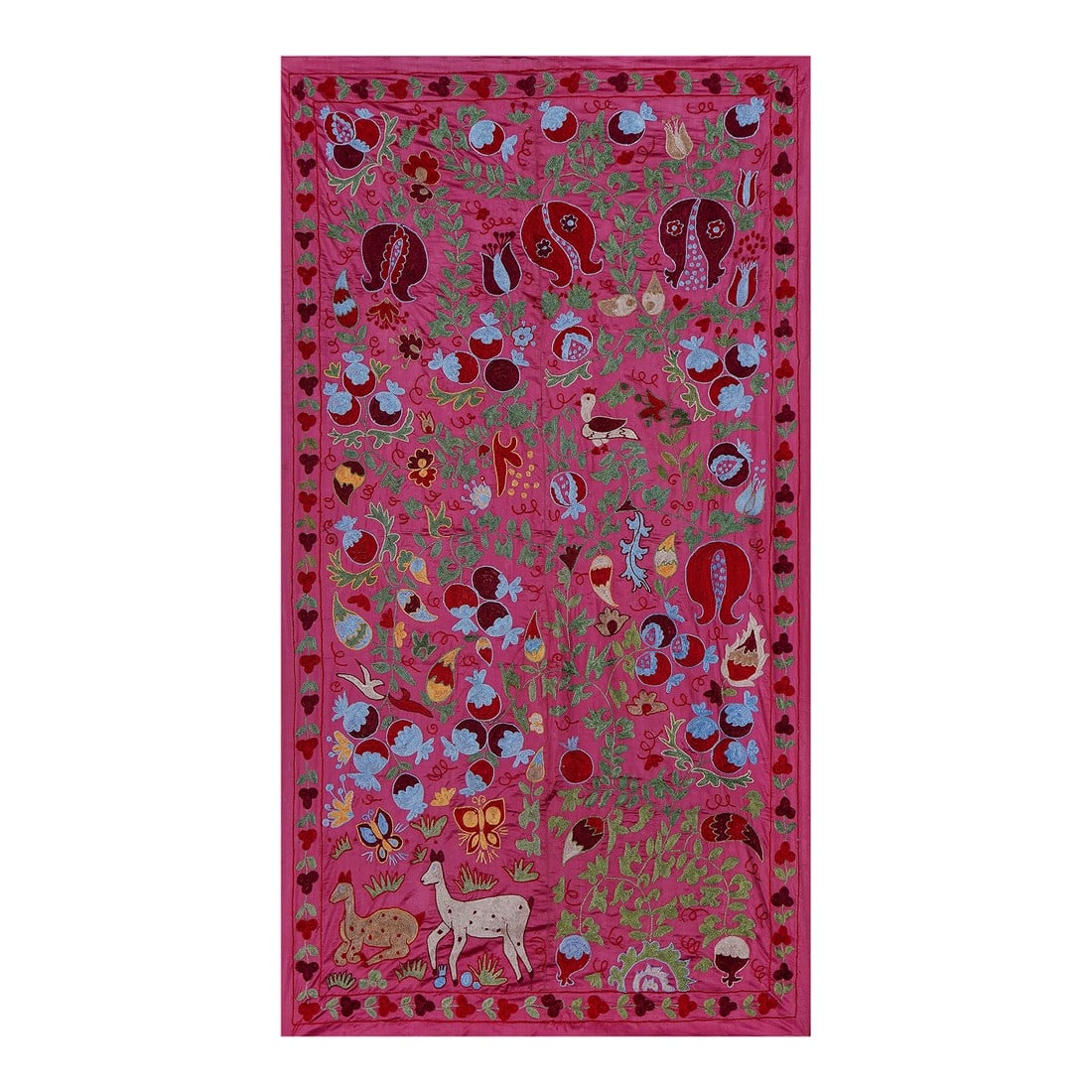 Pink Uzbek Suzani Wall Hanging – Pomegranate Tree & Animal Motif Embroidery 3'5'' X 6': 1960s Silk Suzani Blue Runner With Tree of Life Pattern, Red Suzani Table Cloth Textile, Embroidered Tapestry or Bed Cover 3'5'' x 6' Dimension; 41.3" x 73" inches / 105 x 184 Cm / 3'5'' x 6' Finely