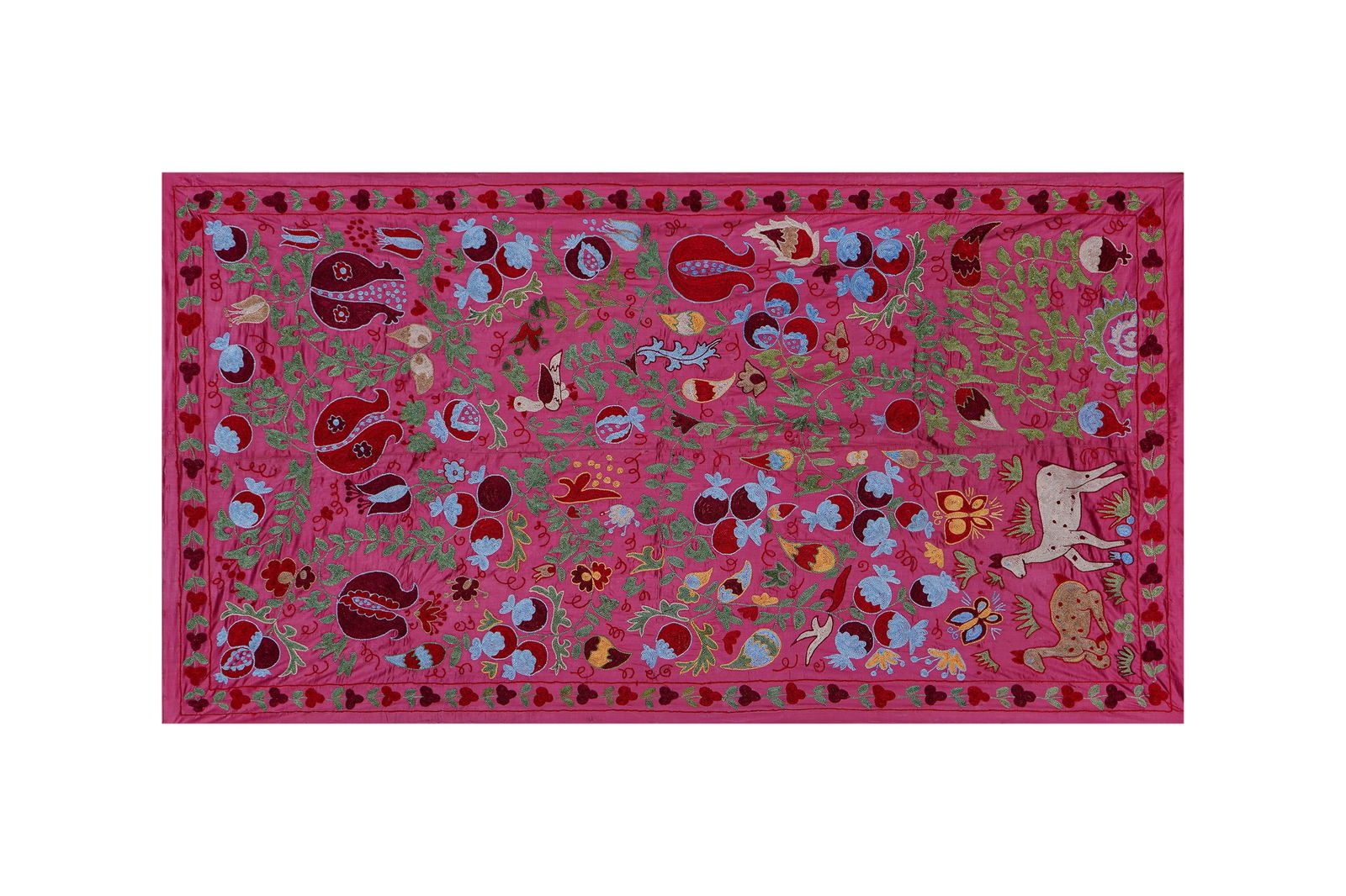 Pink Uzbek Suzani Wall Hanging – Pomegranate Tree & Animal Motif Embroidery 3'5'' X 6' - 2