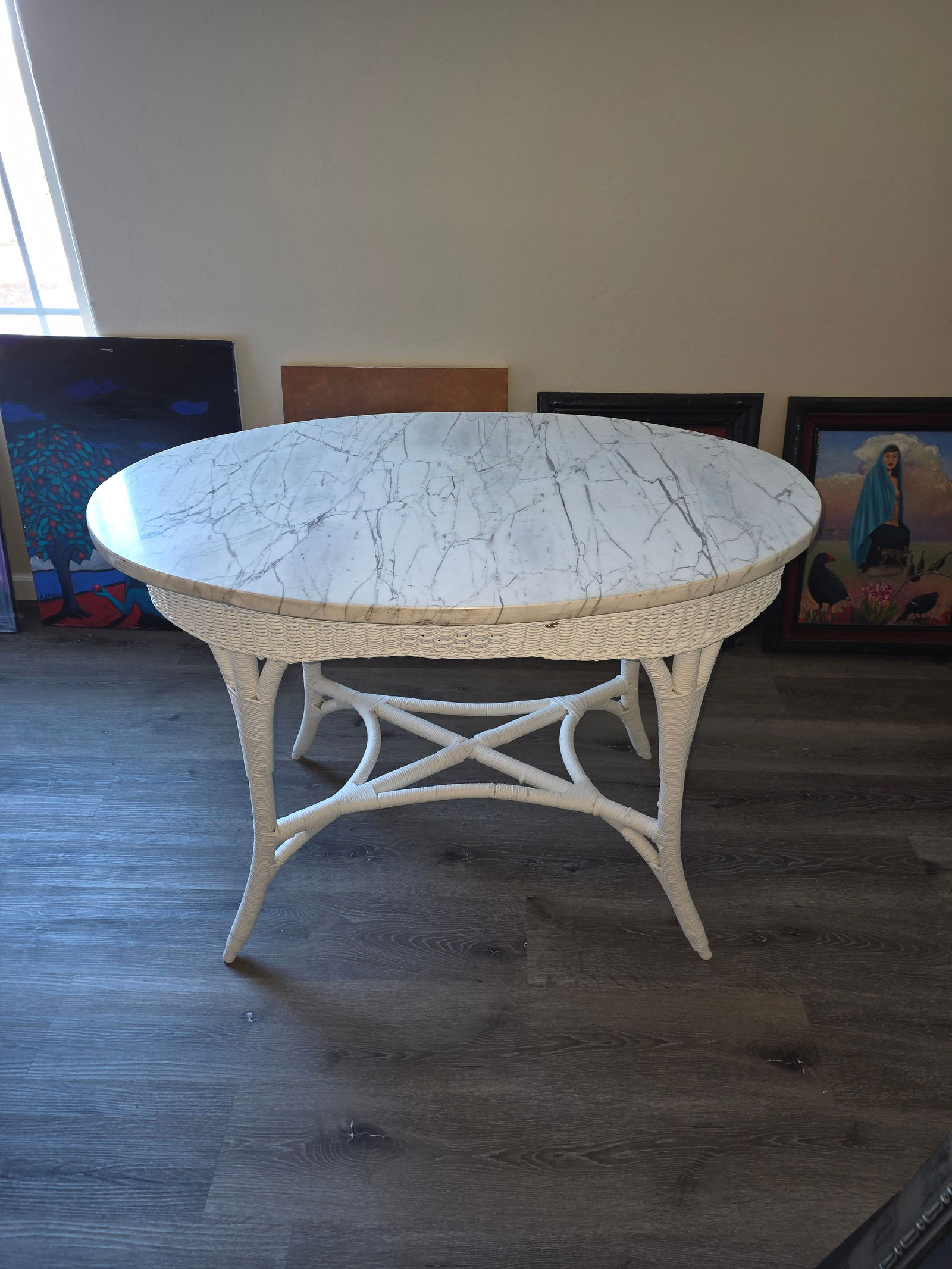 Antique White Marble Top Wicker Table - 2