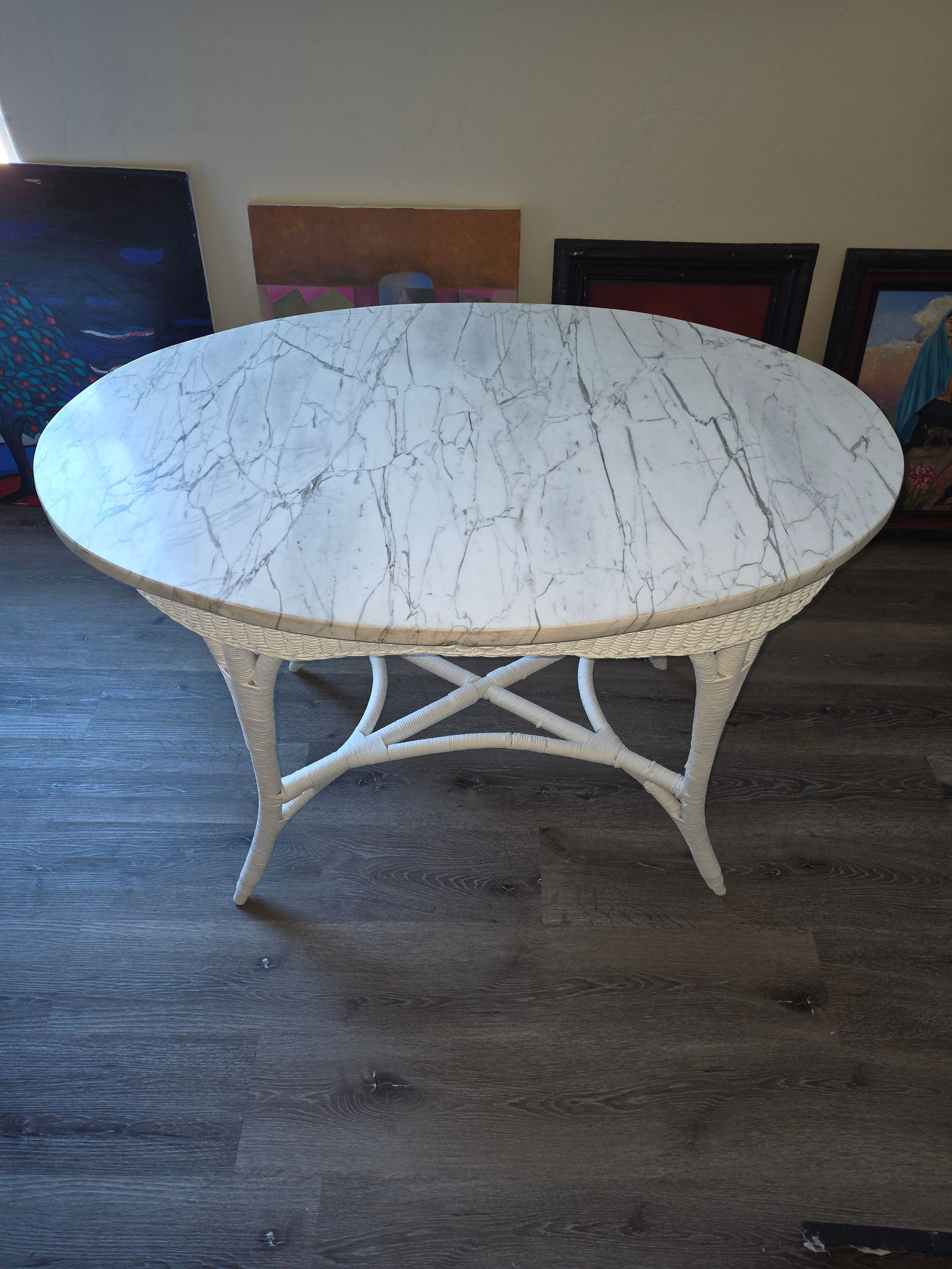 Antique White Marble Top Wicker Table - 7