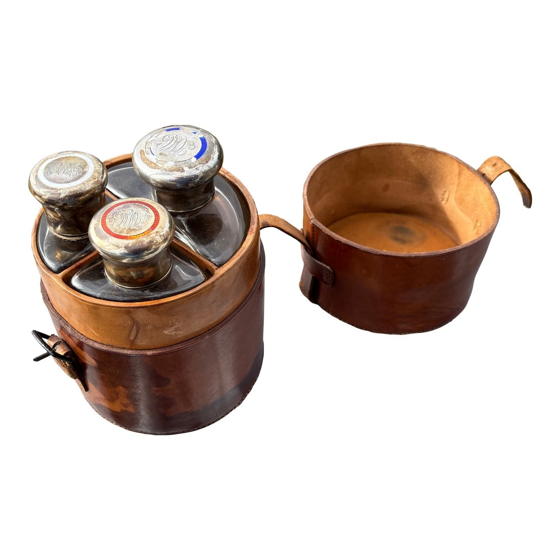 19th C. English Crown Leather Travel Flask With Silver, Crystal, Enamel Details: Fantastic Three Chamber Sporting / Travel Flask. Circa 1850-1870, and British to the core! Entirely original, which is marvelous. Marked Drew & Sons - who produced Campaign Furniture and