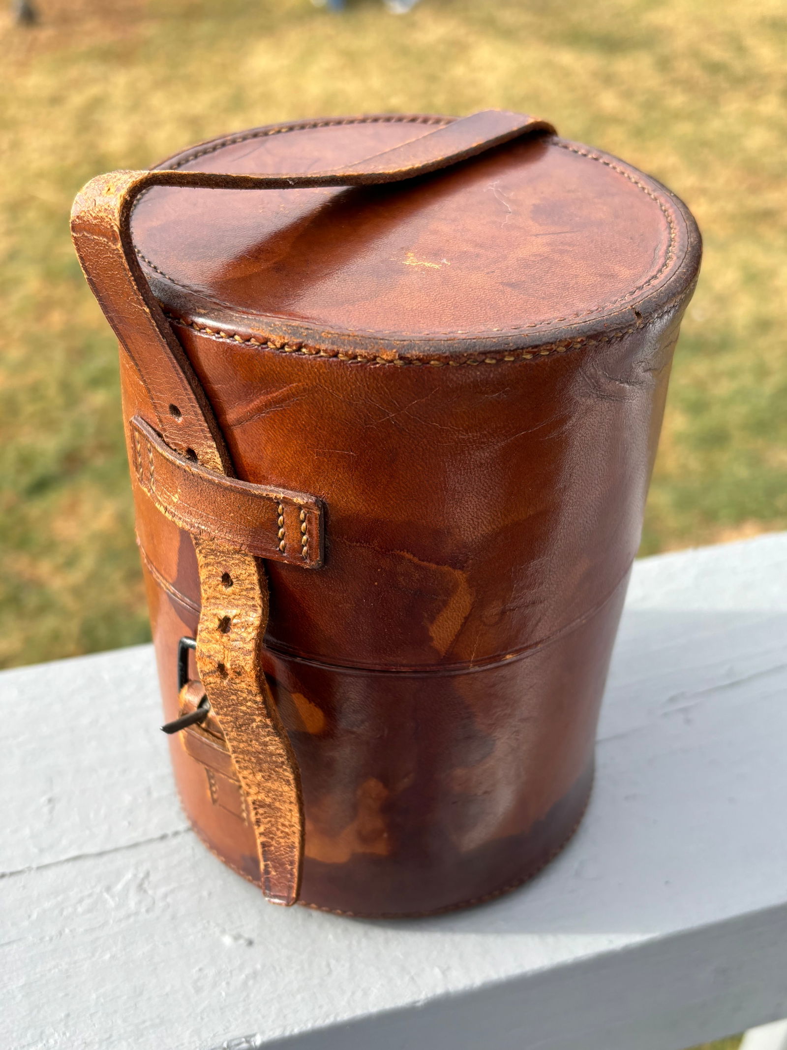19th C. English Crown Leather Travel Flask With Silver, Crystal, Enamel Details - 2