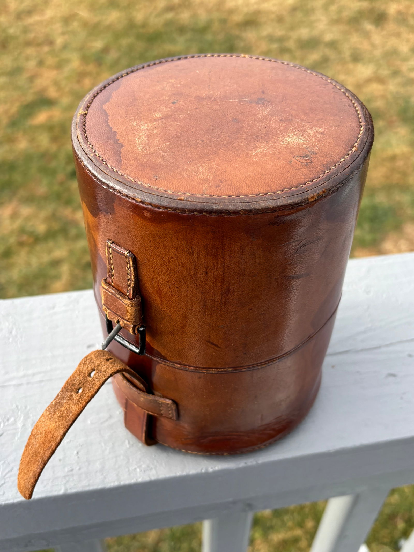 19th C. English Crown Leather Travel Flask With Silver, Crystal, Enamel Details - 3