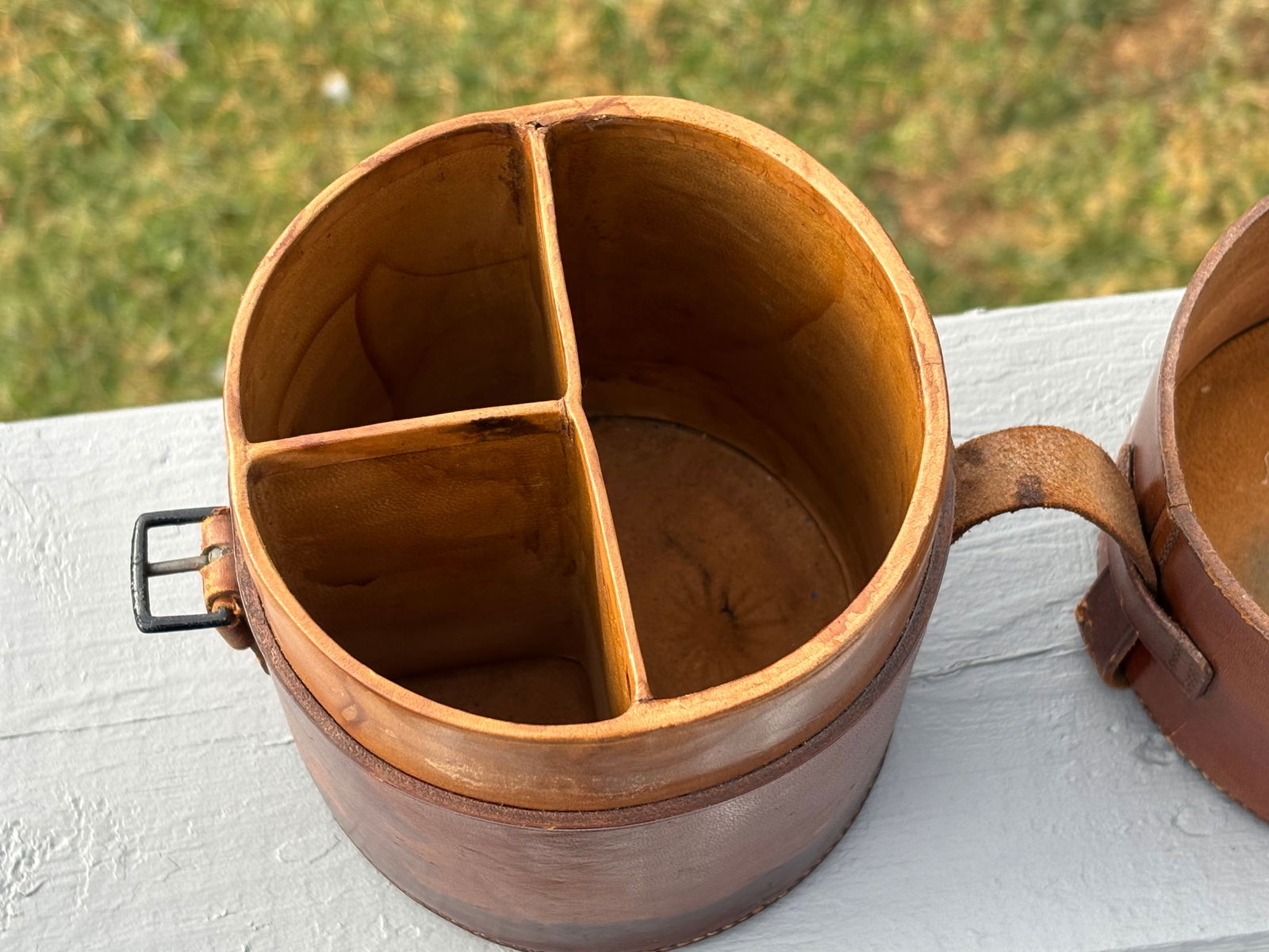 19th C. English Crown Leather Travel Flask With Silver, Crystal, Enamel Details - 4